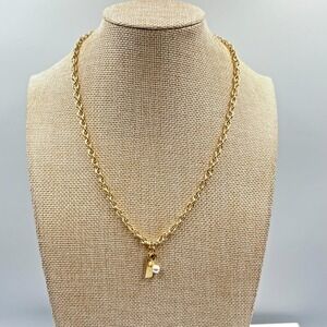 VTG Gold Tone Cable Chain Necklace Faux Pearl Rectangular Bar Charm Minimalist